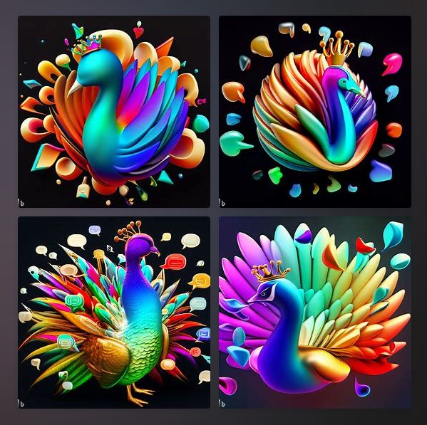 A Bing-DALLE generated image for the prompt '3d logo of a colorful peacock with a crown surrounded by chat bubbles, digital art'