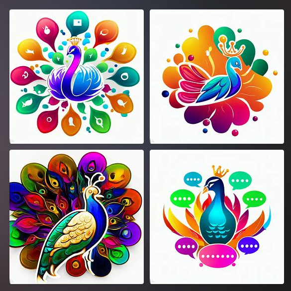 A Bing-DALLE generated image for the prompt 'logo of a colorful peacock with a crown surrounded by chat bubbles, digital art'