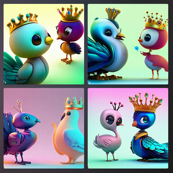 A Bing-DALLE generated image for the prompt 'cute 3d peacock wearing a crown and talking to a cute 3d robot'
