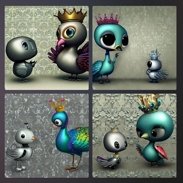 A Bing-DALLE generated image for the prompt 'cute 3d peacock wearing a crown and talking to a cute 3d robot - on an elegant gray damask background'