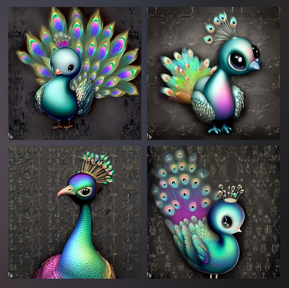 A Bing-DALLE generated image for the prompt 'digital art, cute 3D peacock with iridiscent feathers and a colorful crown - against a dark gray damask background'